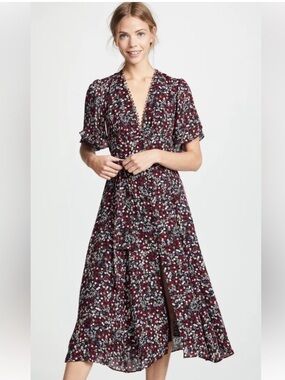 Nicholas Black Burgundy Pink Daisy Floral Silk Button Front Midi Dress